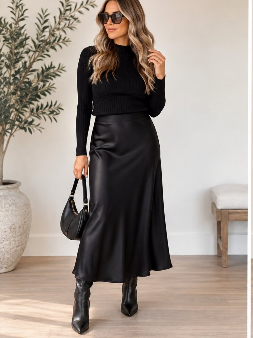 Baciami Black Satin Midi Skirt 100% Acetate NWT $128